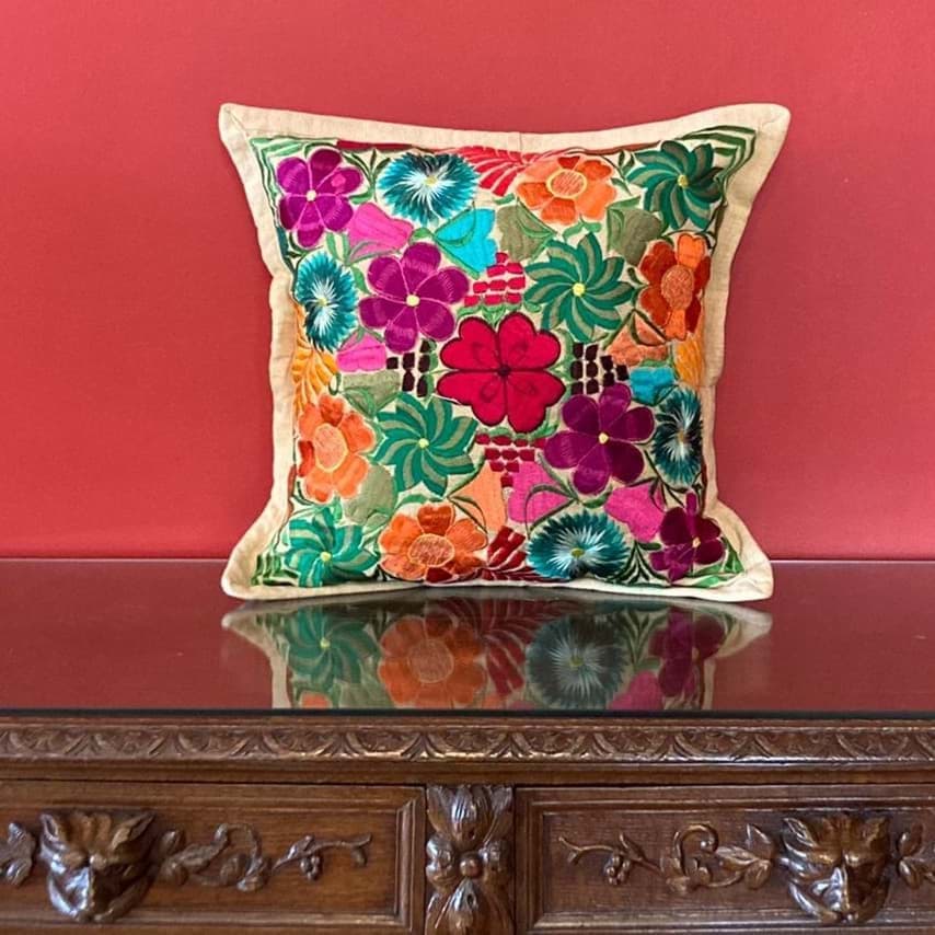 Meksika çiçek işlemeli yastık/krem rengi resmi