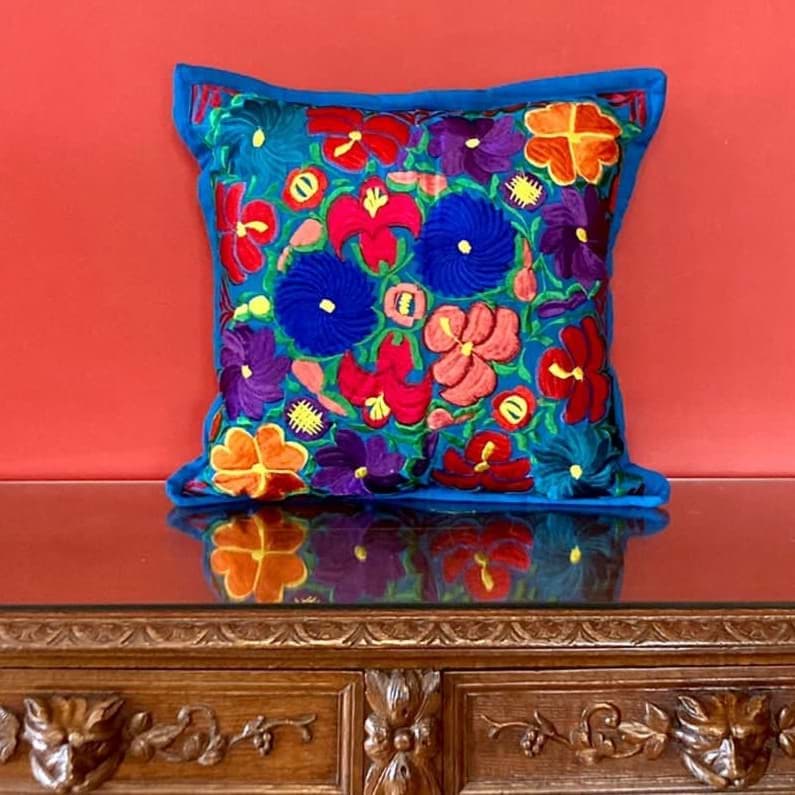 Meksika çiçek işlemeli yastık/mavi resmi