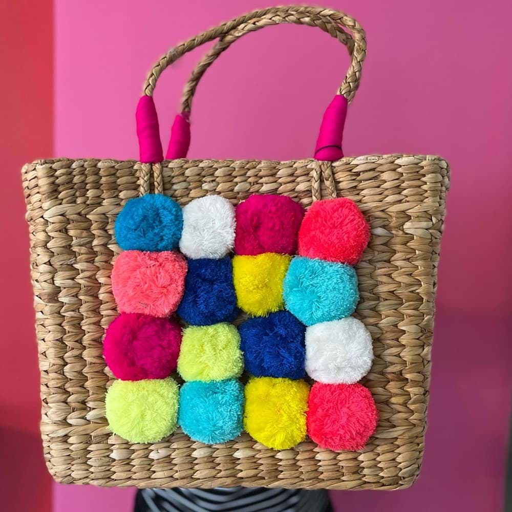 Hasır Çanta/Renkli Ponponlu resmi